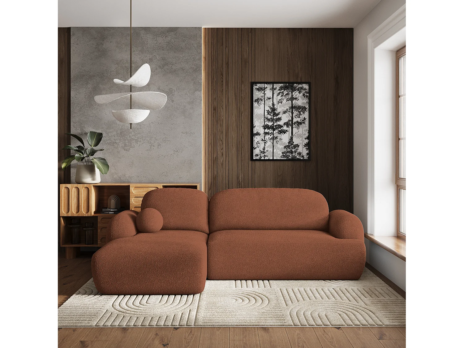 Canapé d'angle MODENZA Terracotta en bouclé avec fonction de couchage