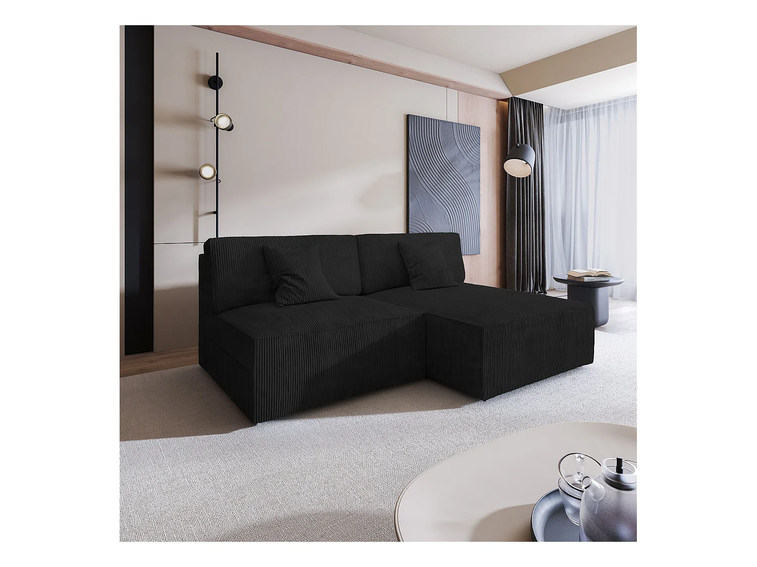 Canapé d'angle FIORO Noir en velours côtelé avec fonction de couchage