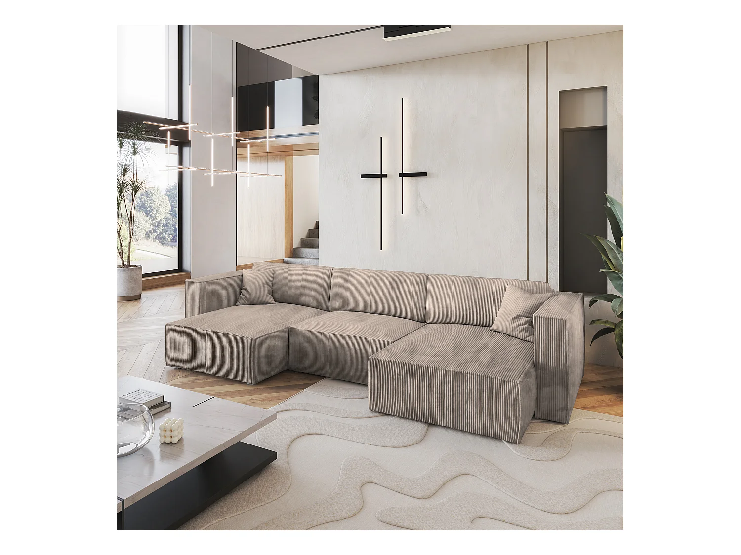 Canapé d'angle SARMO Beige en velours côtelé avec fonction de couchage