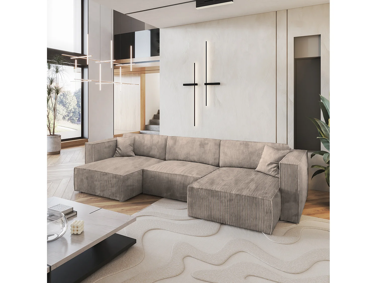 Canapé d'angle SARMO Beige en velours côtelé avec fonction de couchage