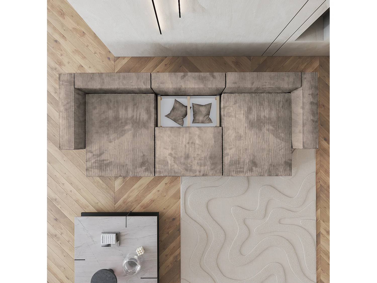 Canapé d'angle SARMO Beige en velours côtelé avec fonction de couchage