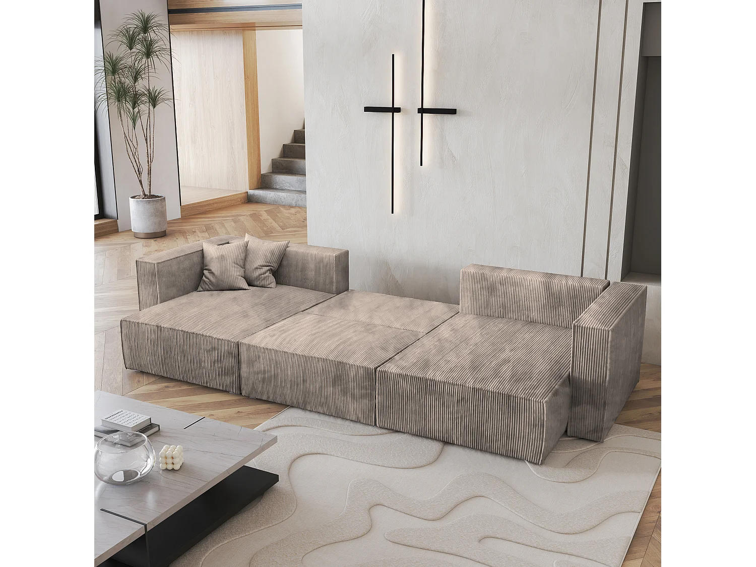 Canapé d'angle SARMO Beige en velours côtelé avec fonction de couchage