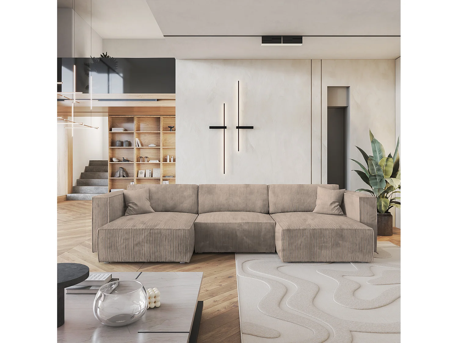 Canapé d'angle SARMO Beige en velours côtelé avec fonction de couchage