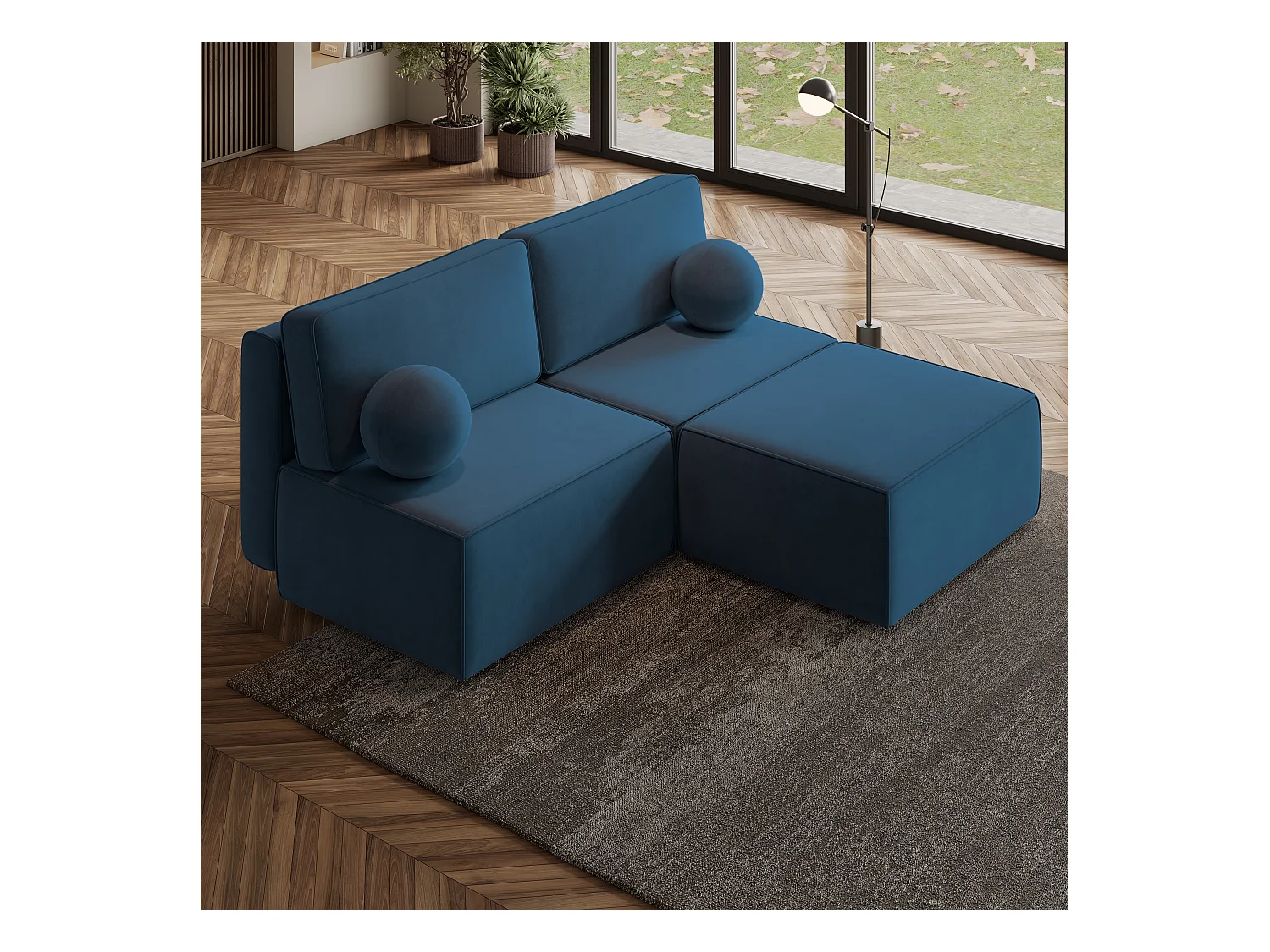 Canapé d'angle VARNA Bleu en velours avec fonction de couchage