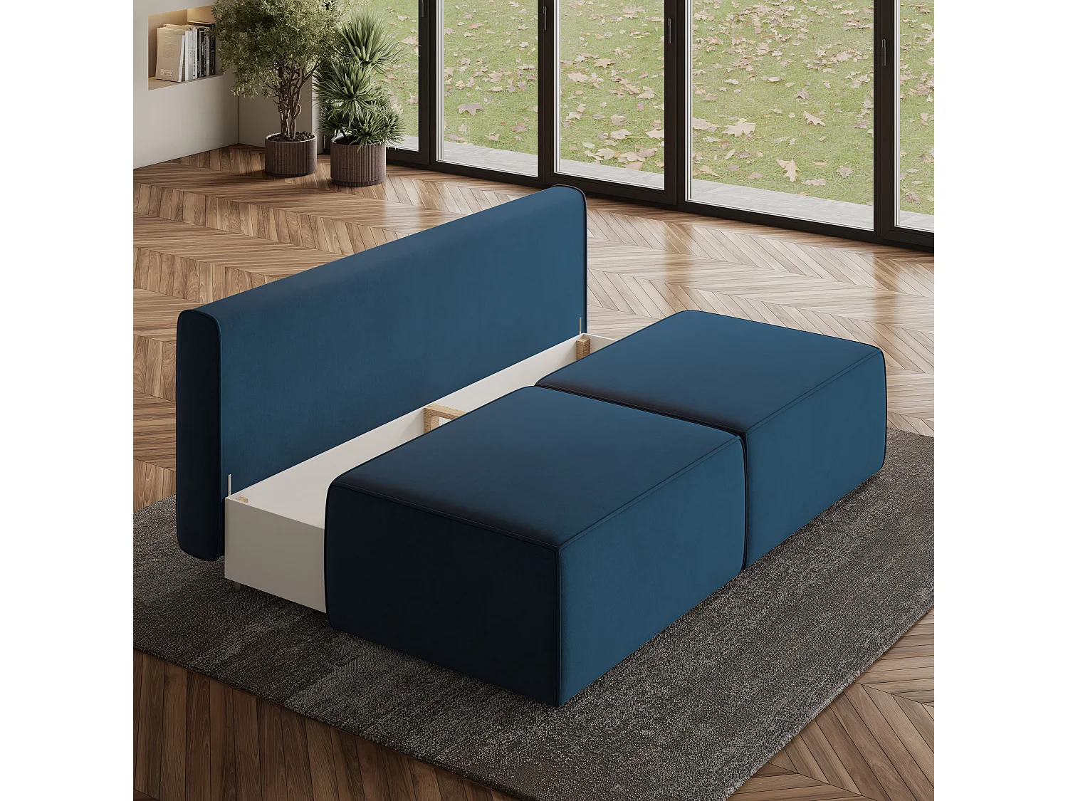 Canapé d'angle VARNA Bleu en velours avec fonction de couchage