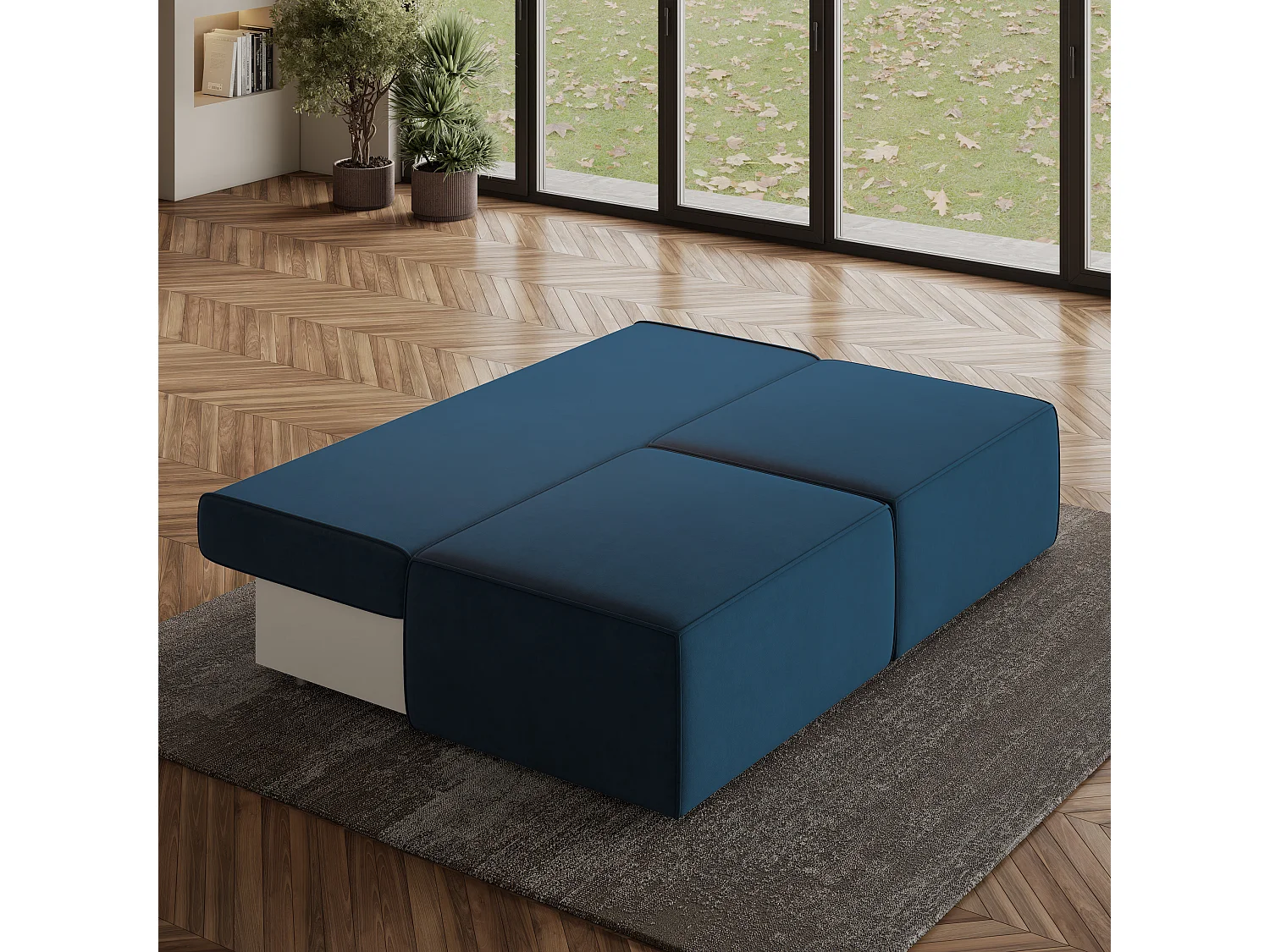 Canapé d'angle VARNA Bleu en velours avec fonction de couchage