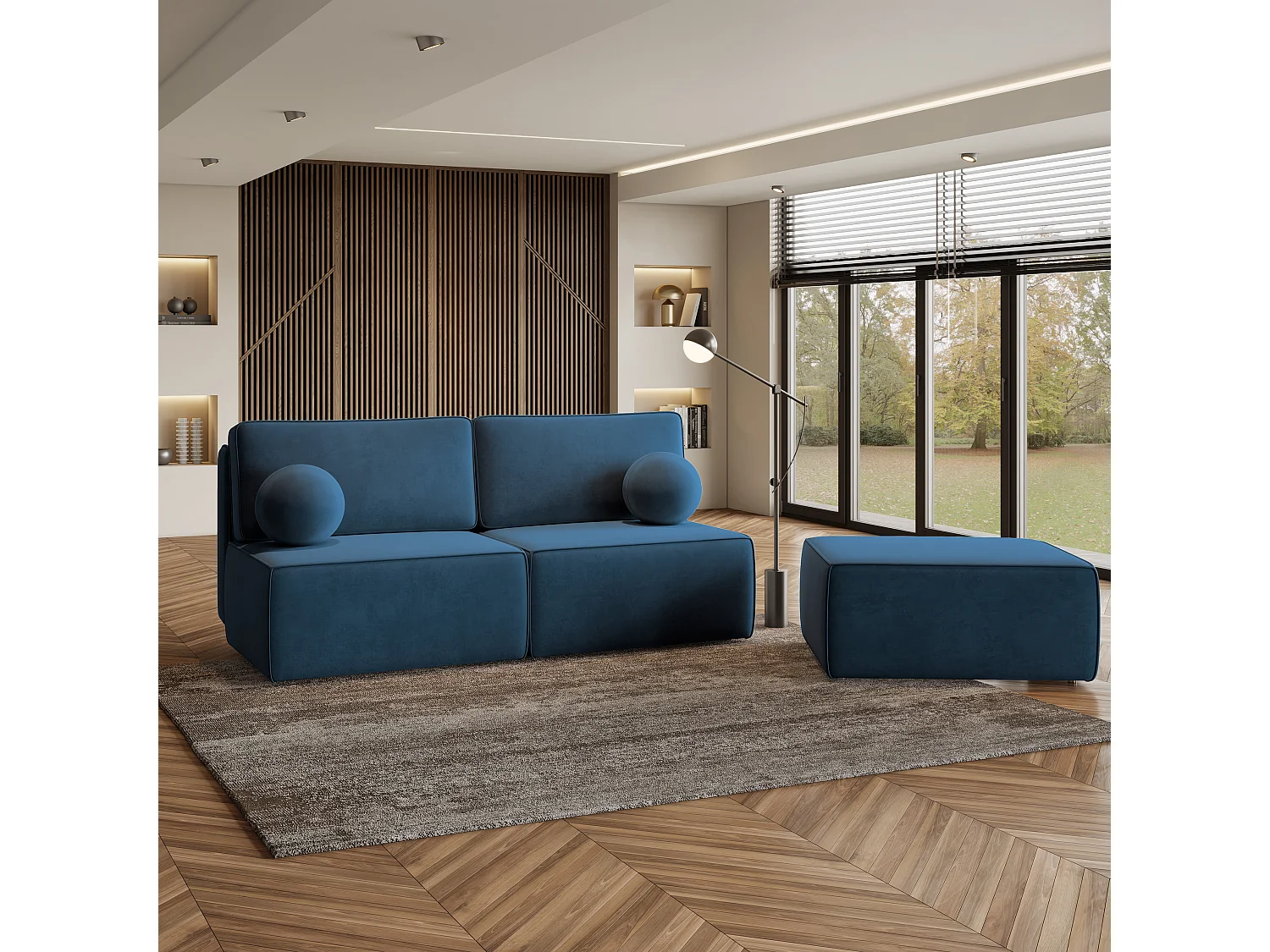 Canapé d'angle VARNA Bleu en velours avec fonction de couchage