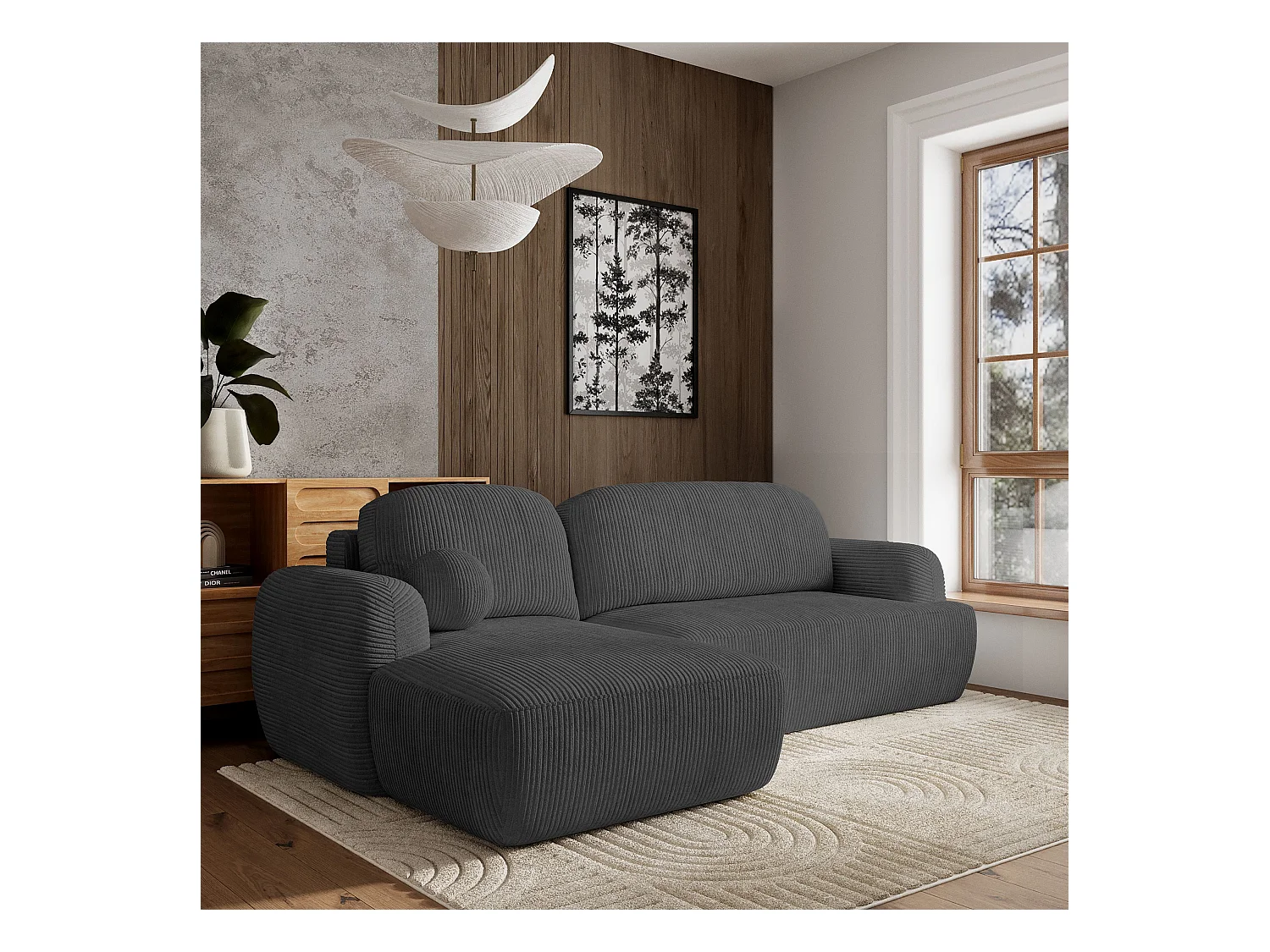 Canapé d'angle MODENZA Gris anthracite en velours côtelé avec fonction de couchage