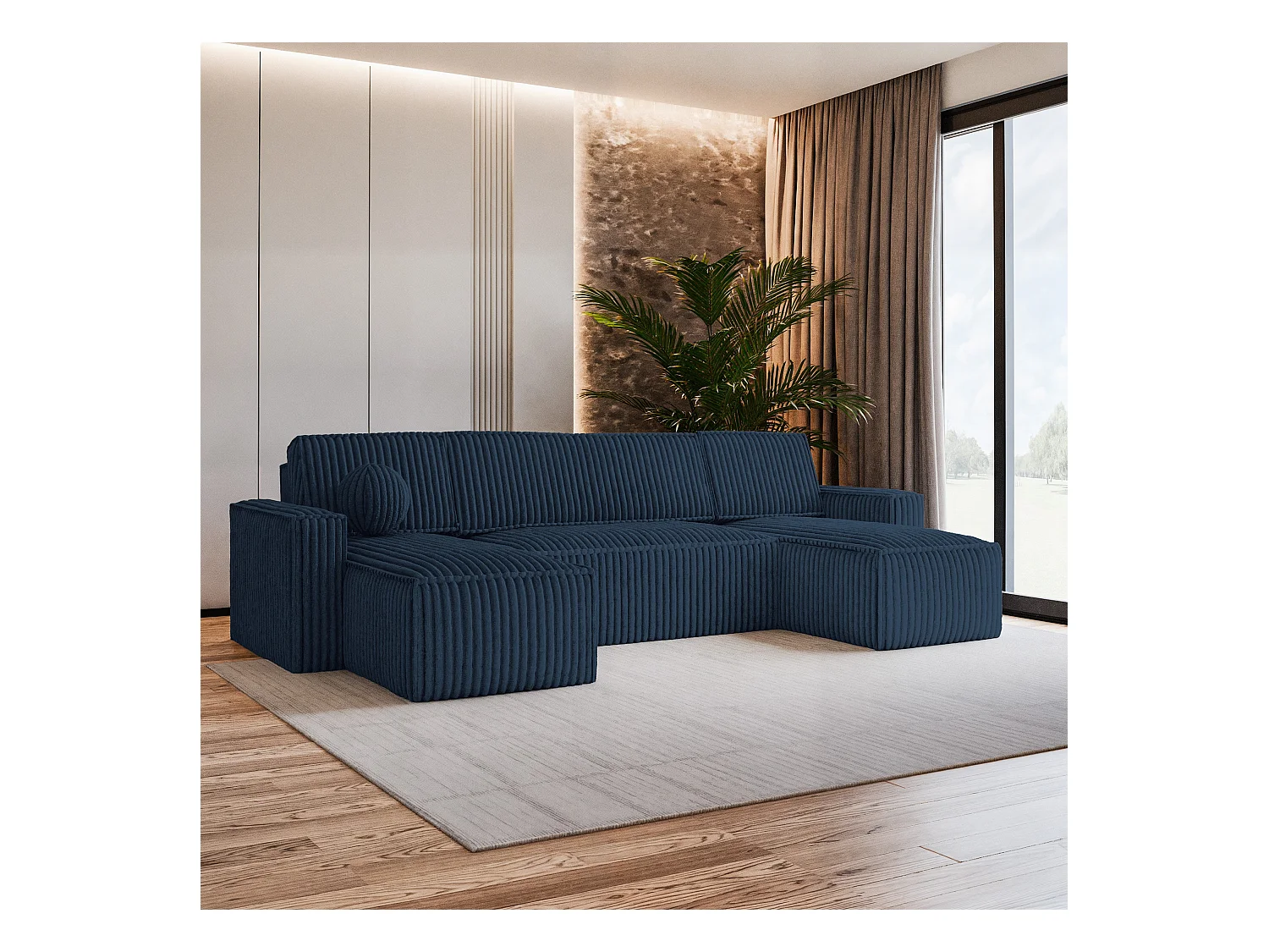 Canapé d'angle PESANO Bleu en velours côtelé avec fonction de couchage