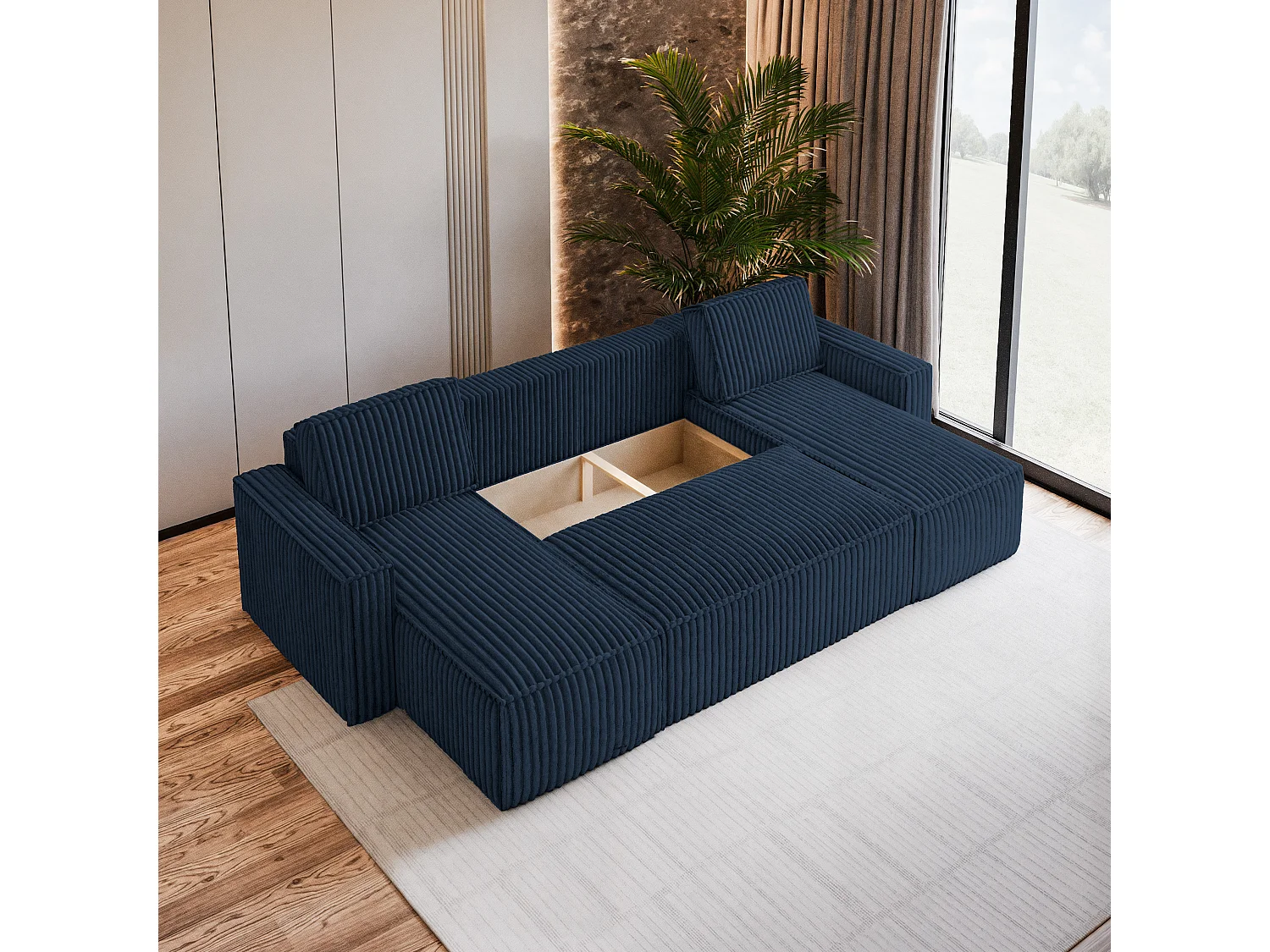 Canapé d'angle PESANO Bleu en velours côtelé avec fonction de couchage