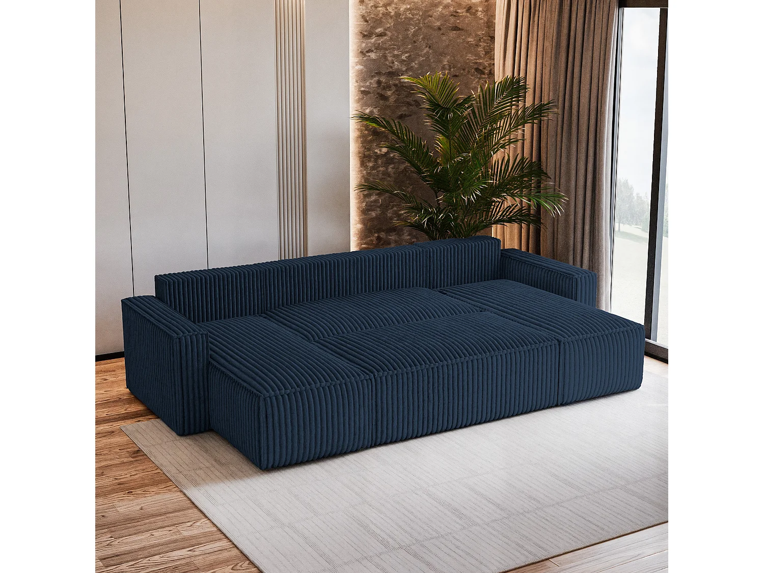 Canapé d'angle PESANO Bleu en velours côtelé avec fonction de couchage