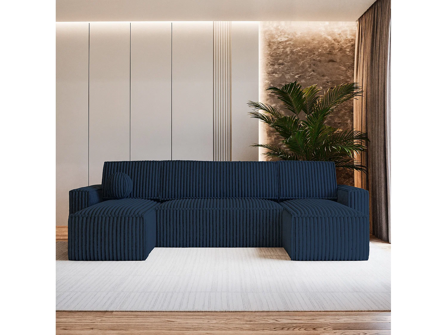 Canapé d'angle PESANO Bleu en velours côtelé avec fonction de couchage