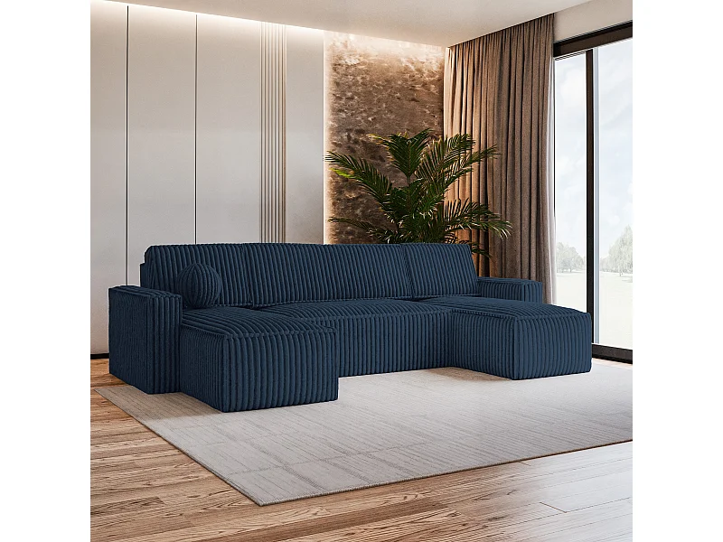 Canapé d'angle PESANO Bleu en velours côtelé avec fonction de couchage