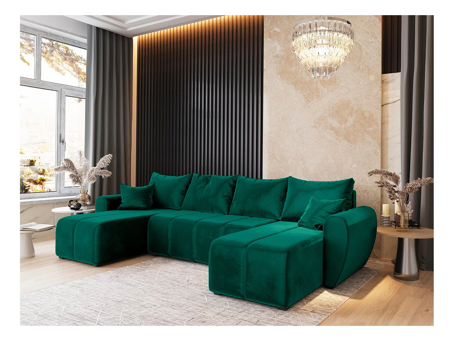 Canapé d'angle MADISON Vert Sapin en peluche avec fonction de couchage