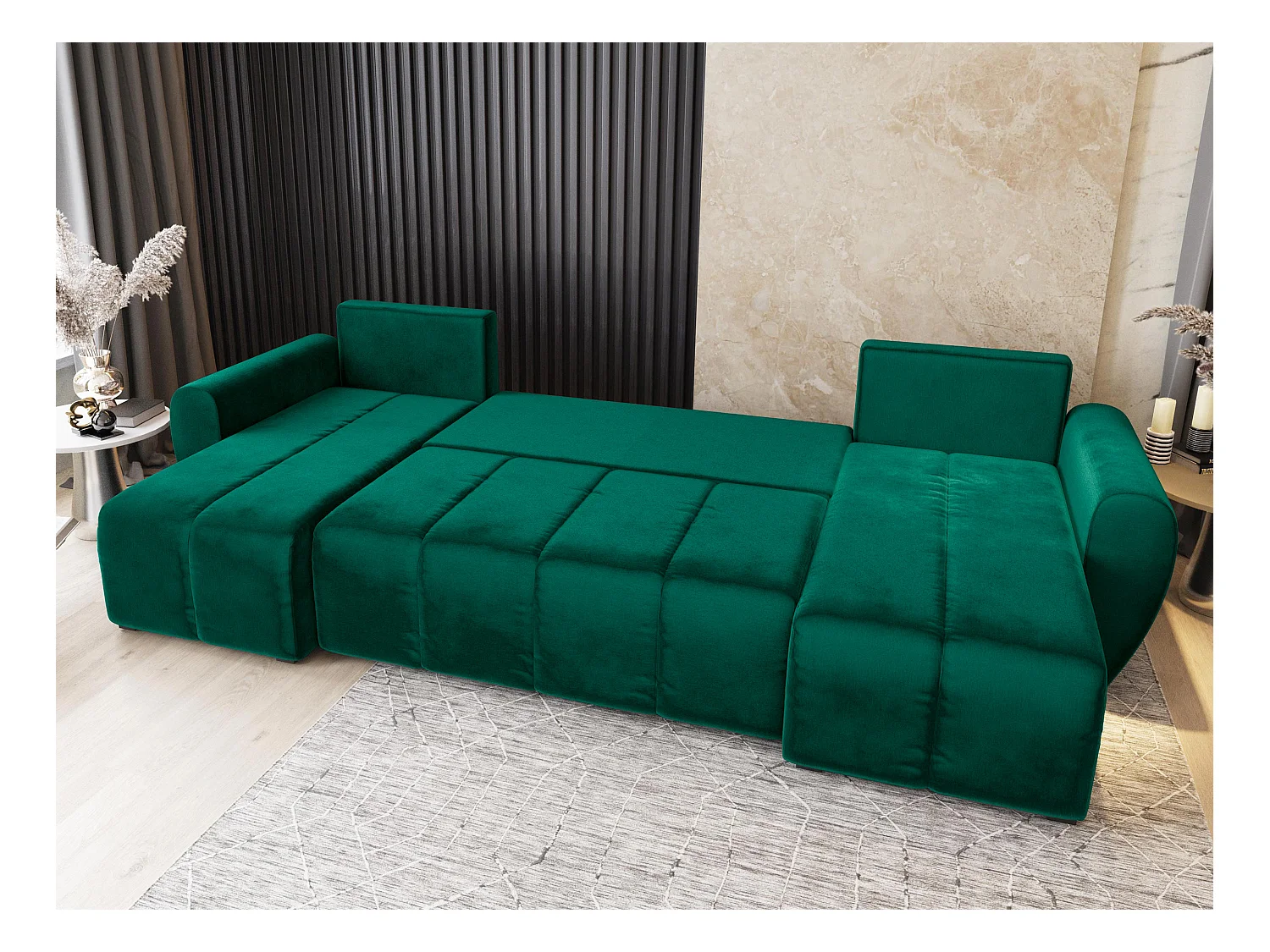Canapé d'angle MADISON Vert Sapin en peluche avec fonction de couchage