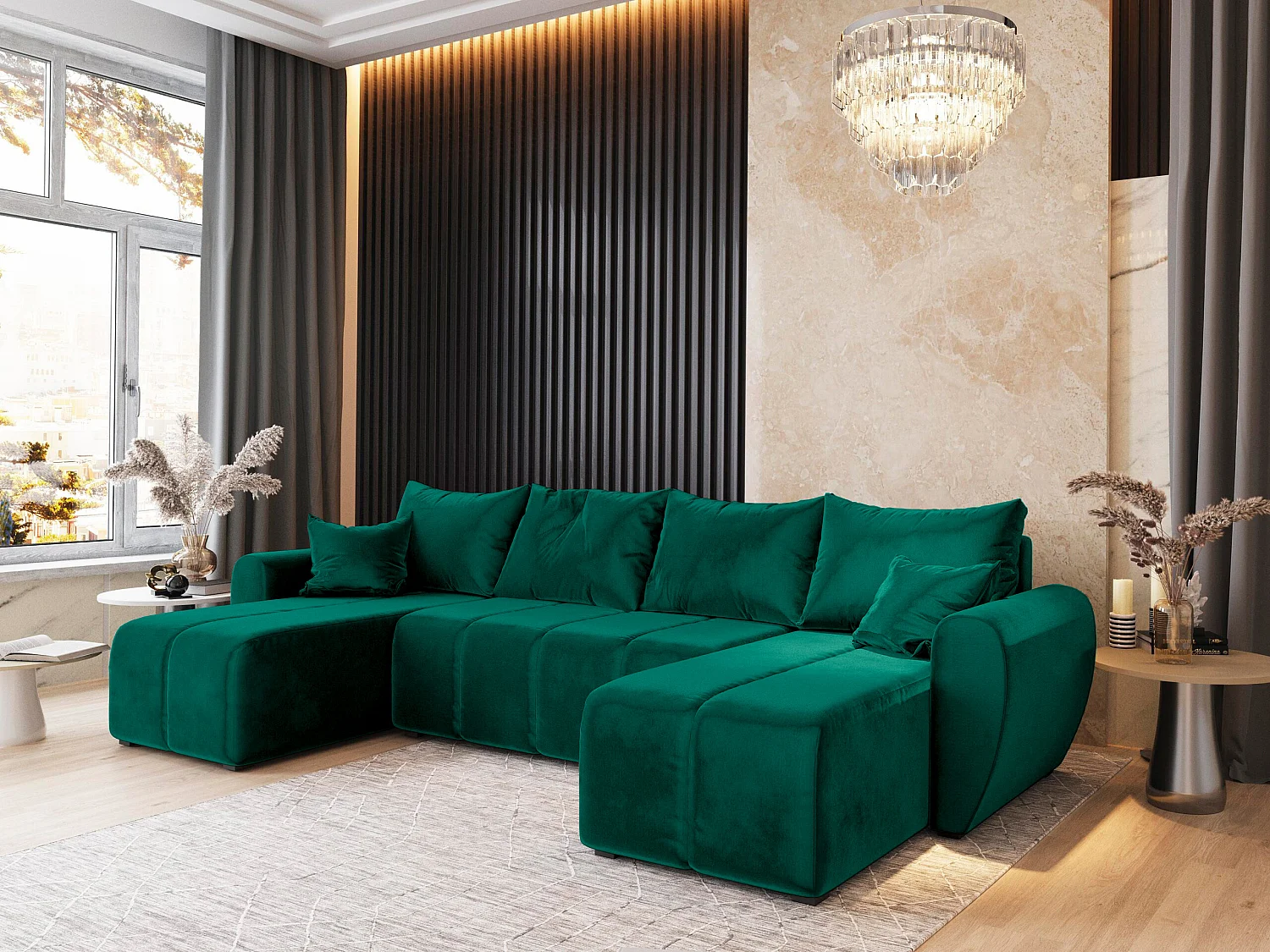 Canapé d'angle MADISON Vert Sapin en peluche avec fonction de couchage