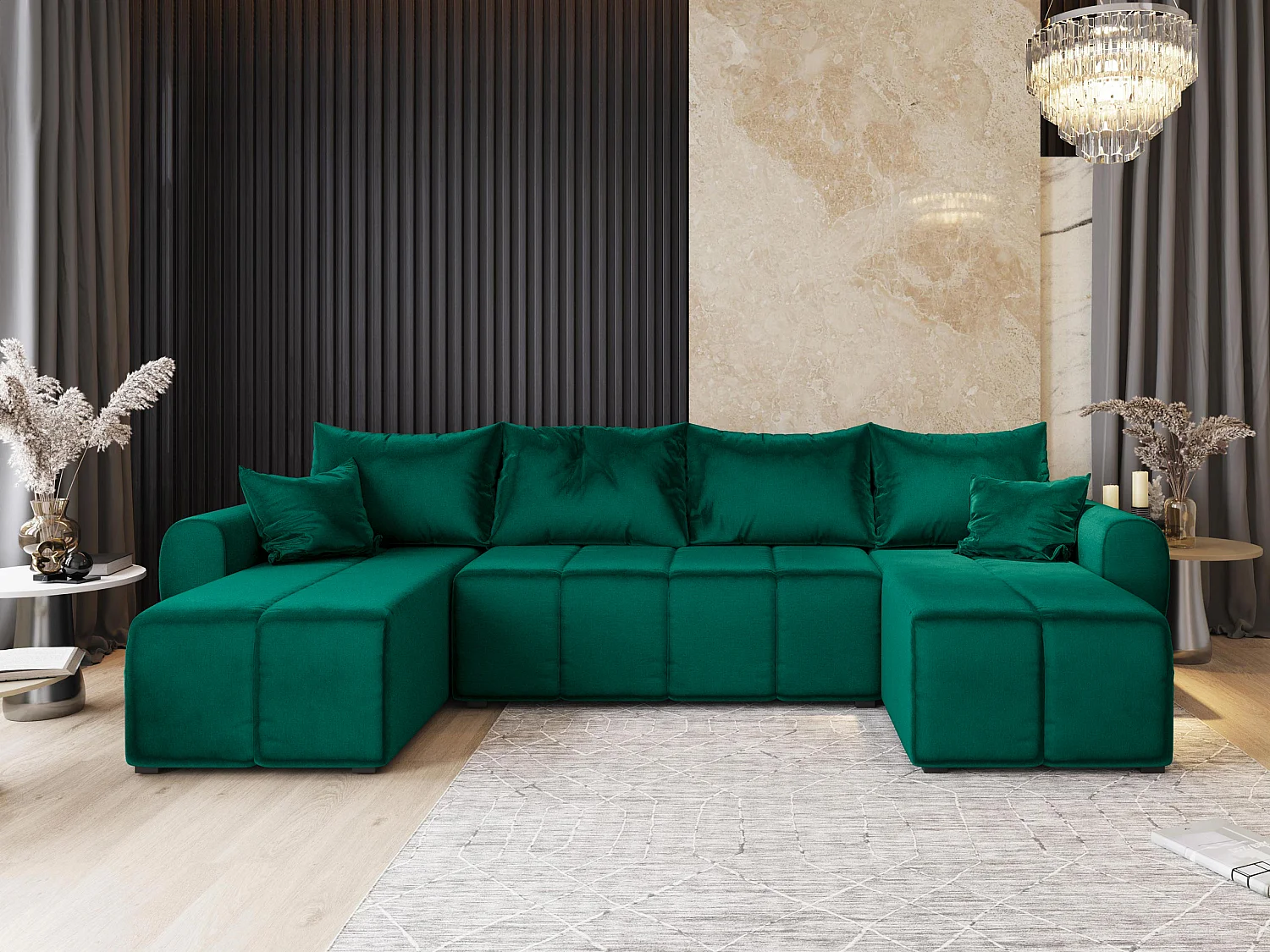 Canapé d'angle MADISON Vert Sapin en peluche avec fonction de couchage