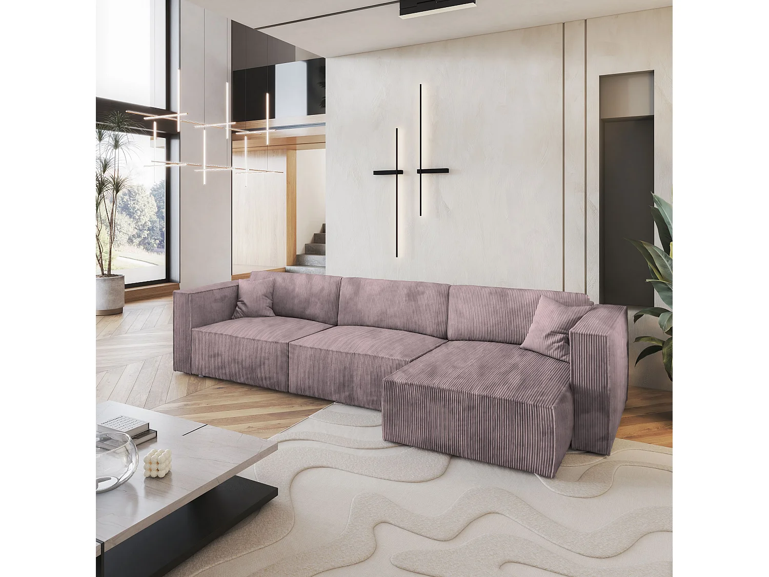 Canapé d'angle TOLMO Parme en velours côtelé avec fonction de couchage