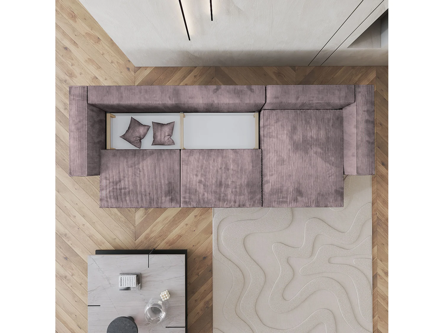 Canapé d'angle TOLMO Parme en velours côtelé avec fonction de couchage