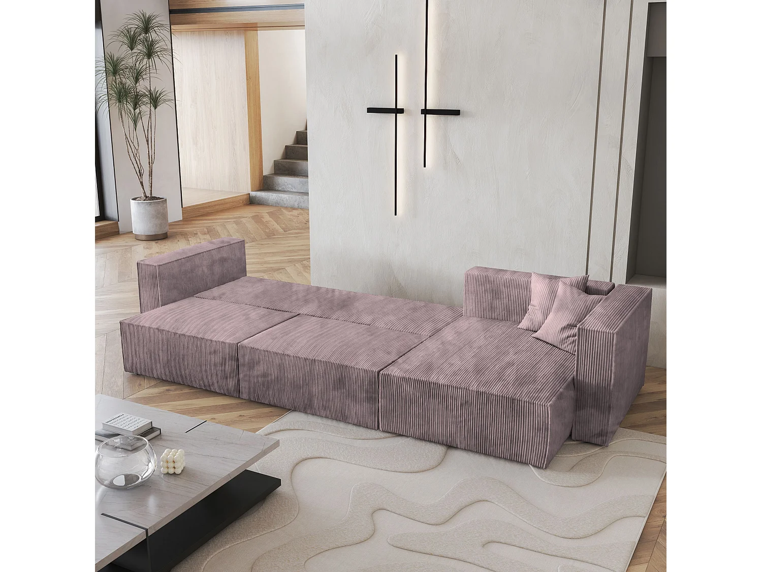Canapé d'angle TOLMO Parme en velours côtelé avec fonction de couchage