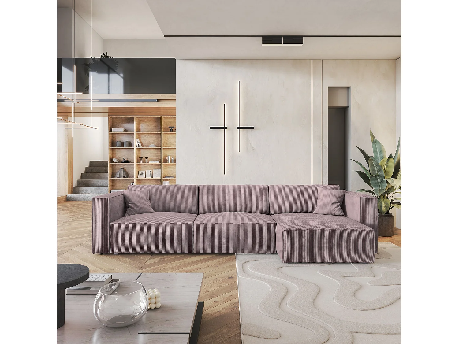 Canapé d'angle TOLMO Parme en velours côtelé avec fonction de couchage