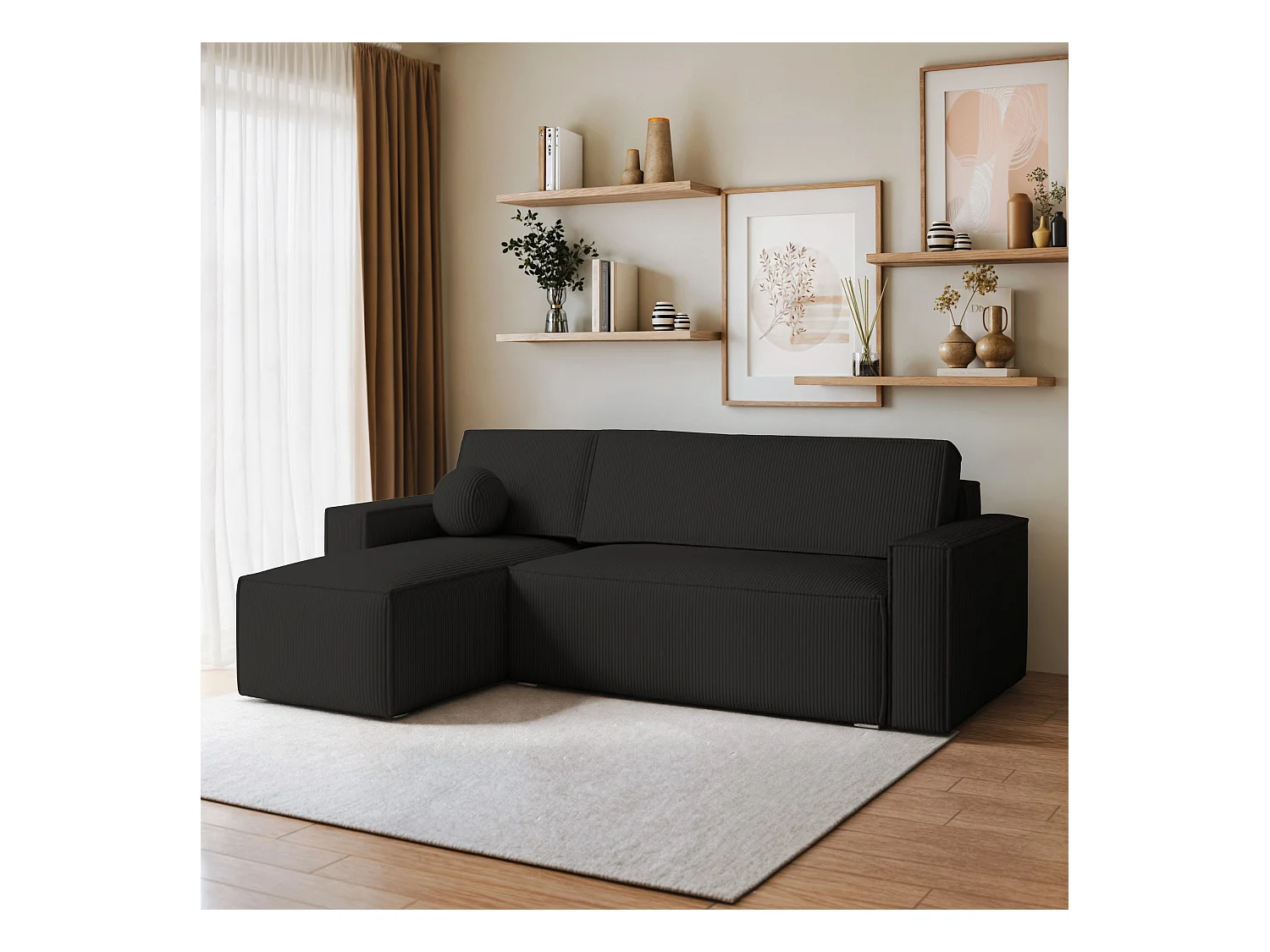 Canapé d'angle RAVELO Noir en velours côtelé avec fonction de couchage