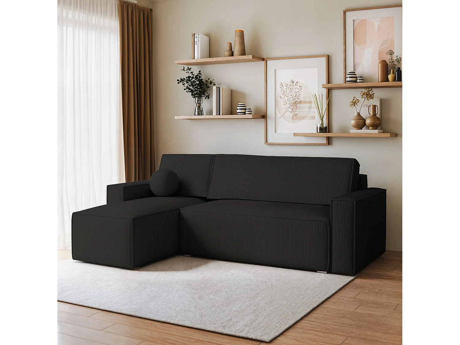 Canapé d'angle RAVELO Noir en velours côtelé avec fonction de couchage