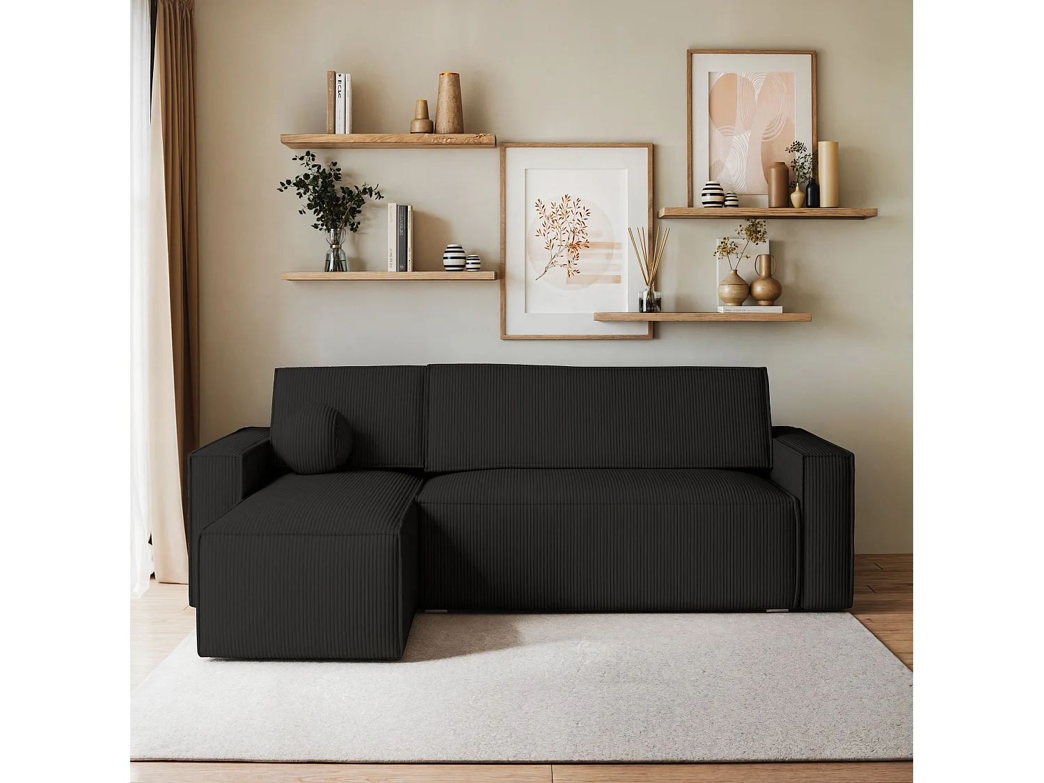 Canapé d'angle RAVELO Noir en velours côtelé avec fonction de couchage
