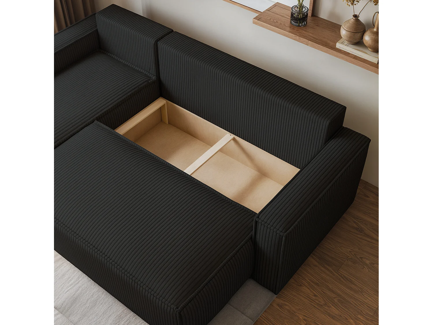 Canapé d'angle RAVELO Noir en velours côtelé avec fonction de couchage