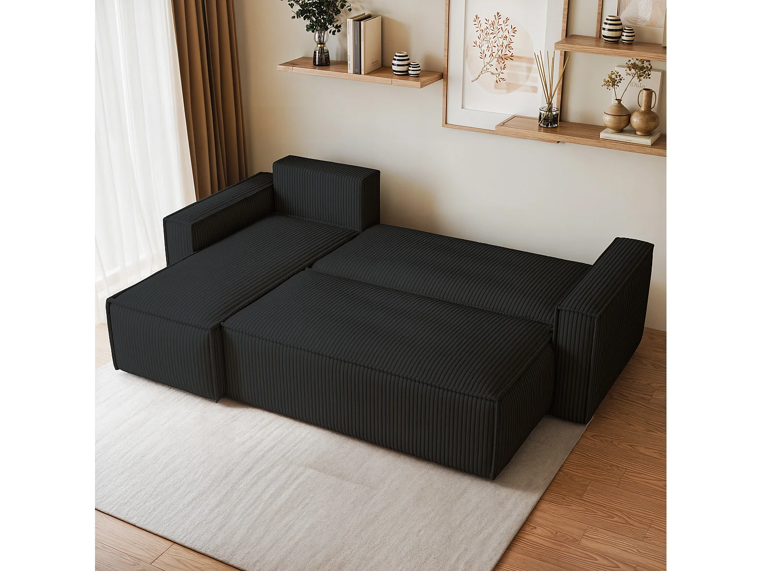 Canapé d'angle RAVELO Noir en velours côtelé avec fonction de couchage