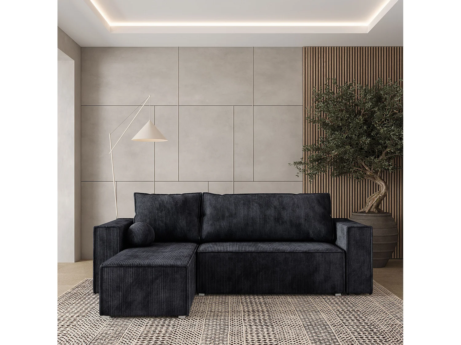 Canapé d'angle RAVELO Noir en velours côtelé avec fonction de couchage