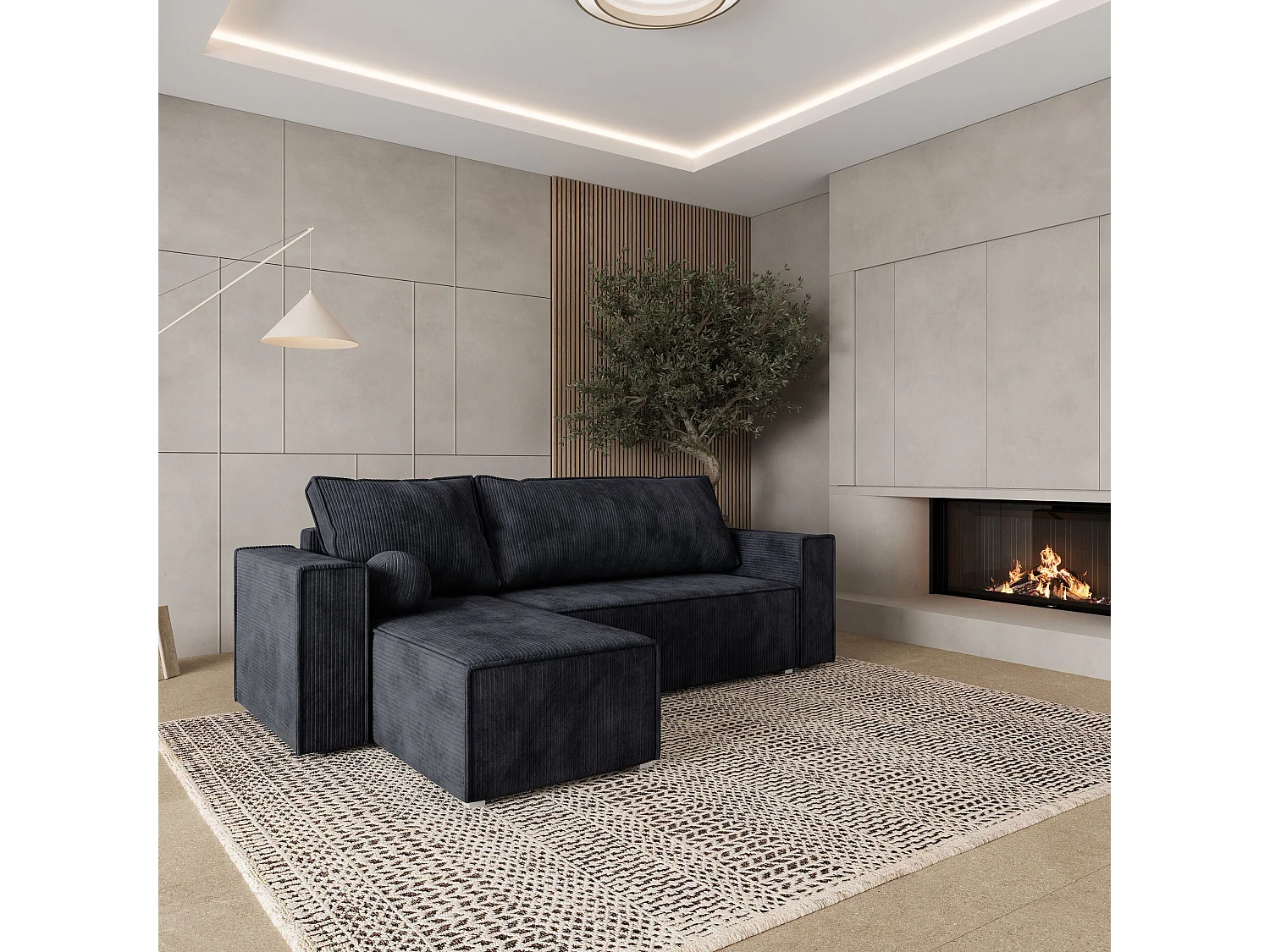 Canapé d'angle RAVELO Noir en velours côtelé avec fonction de couchage