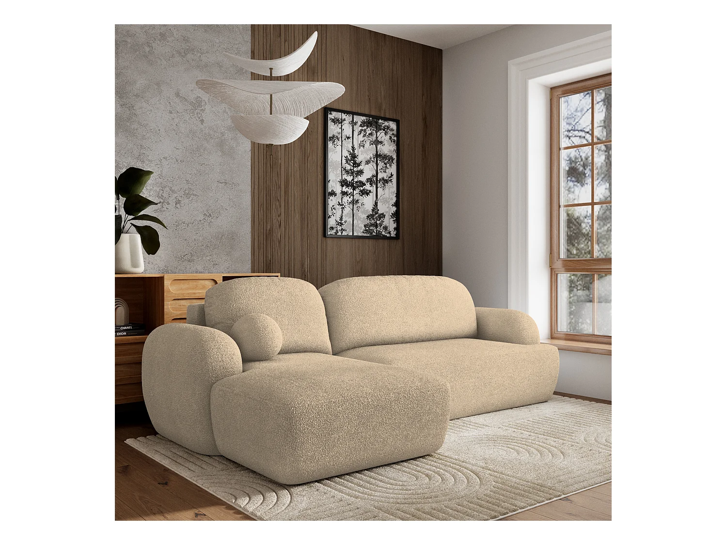 Canapé d'angle MODENZA Crème en bouclé avec fonction de couchage