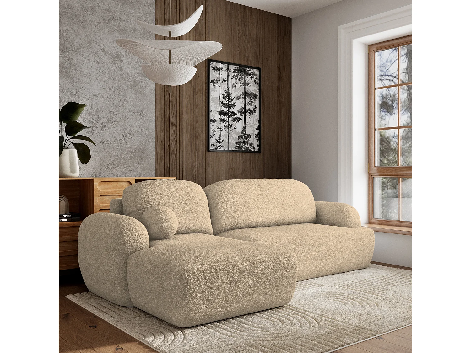 Canapé d'angle MODENZA Crème en bouclé avec fonction de couchage