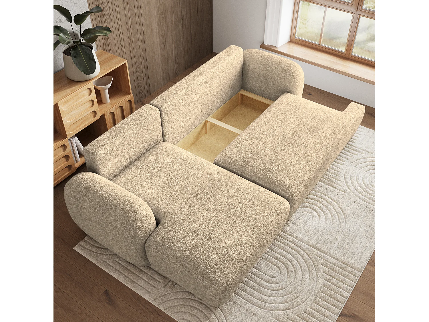 Canapé d'angle MODENZA Crème en bouclé avec fonction de couchage