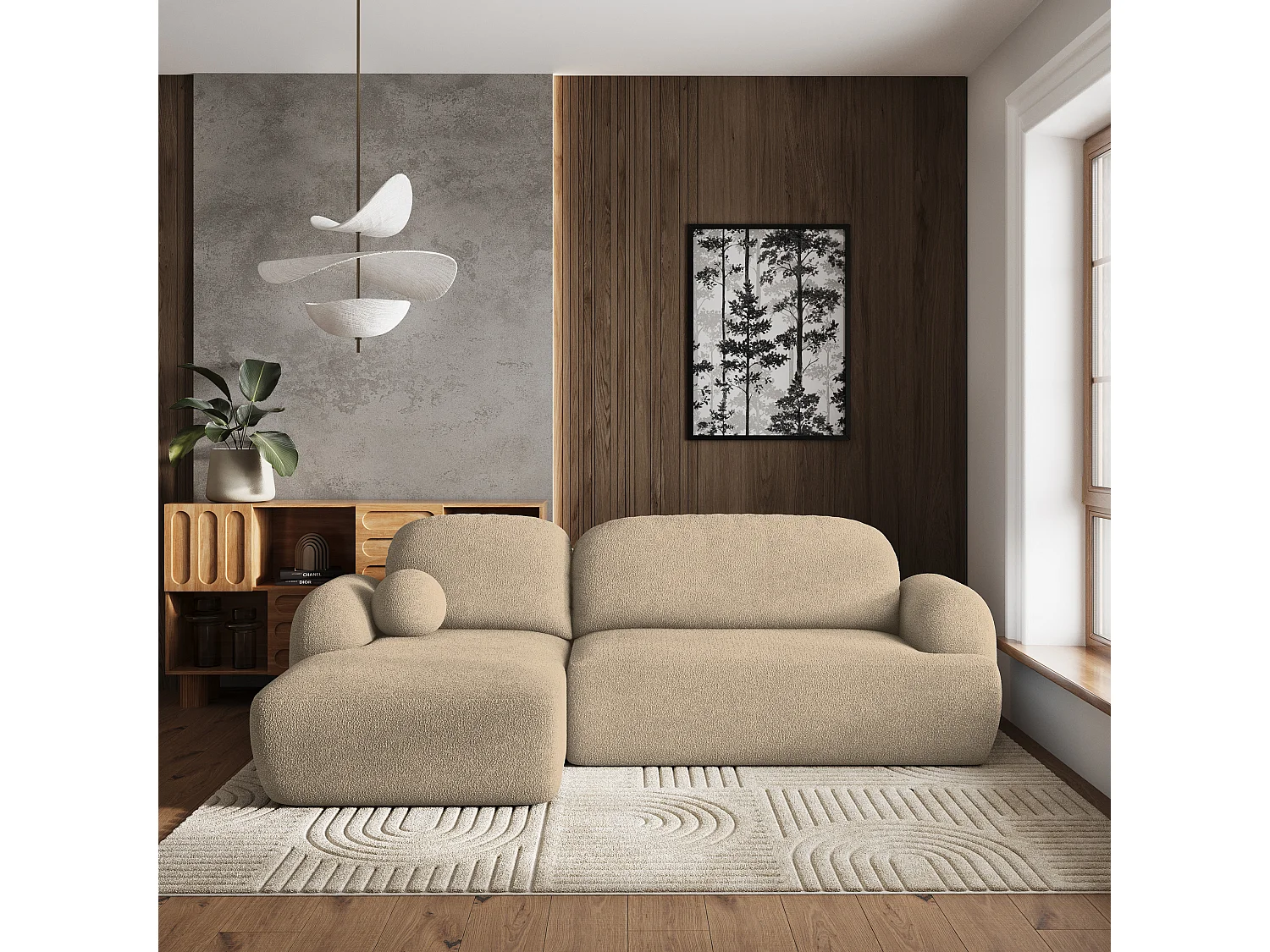 Canapé d'angle MODENZA Crème en bouclé avec fonction de couchage