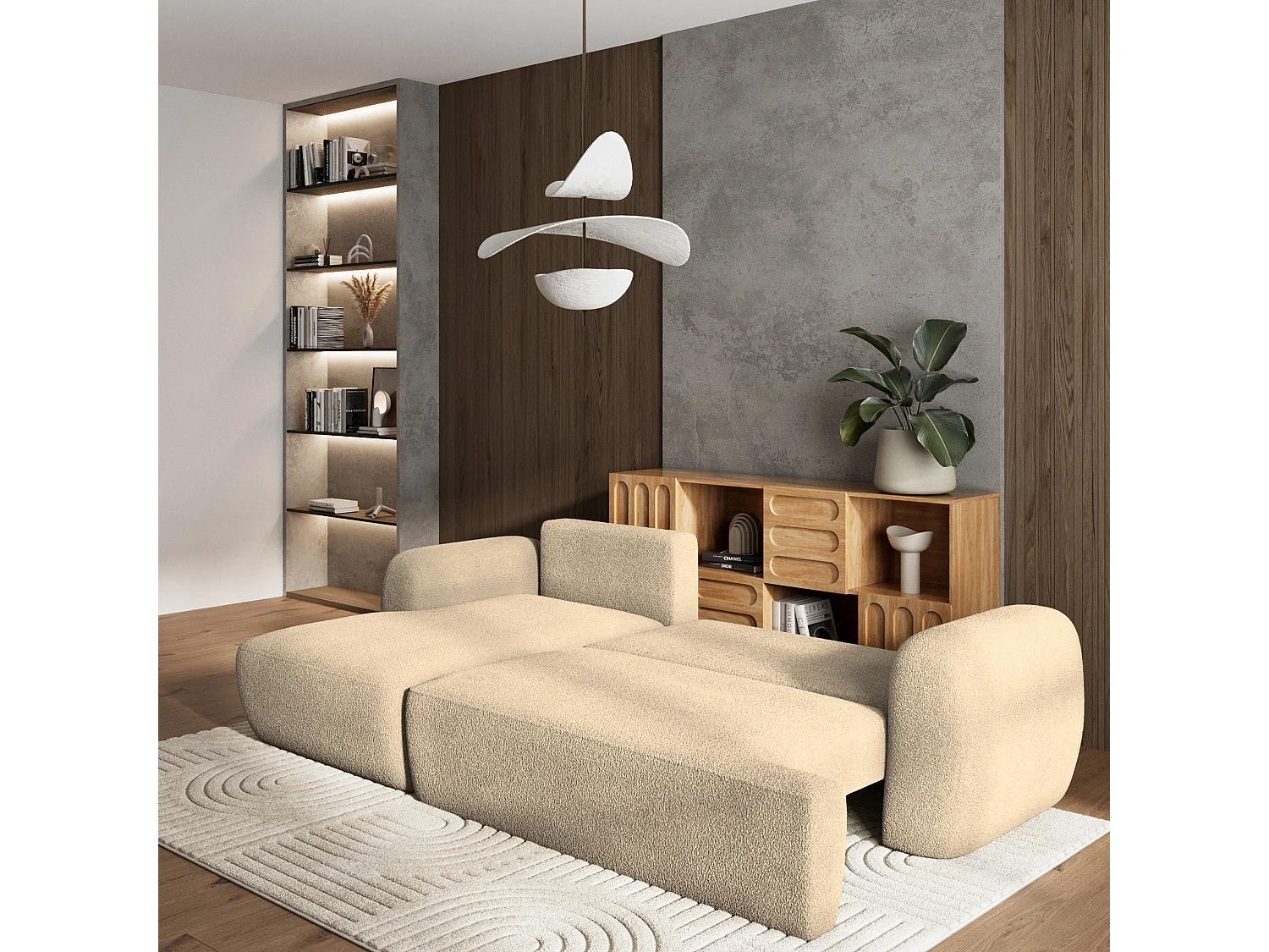 Canapé d'angle MODENZA Crème en bouclé avec fonction de couchage