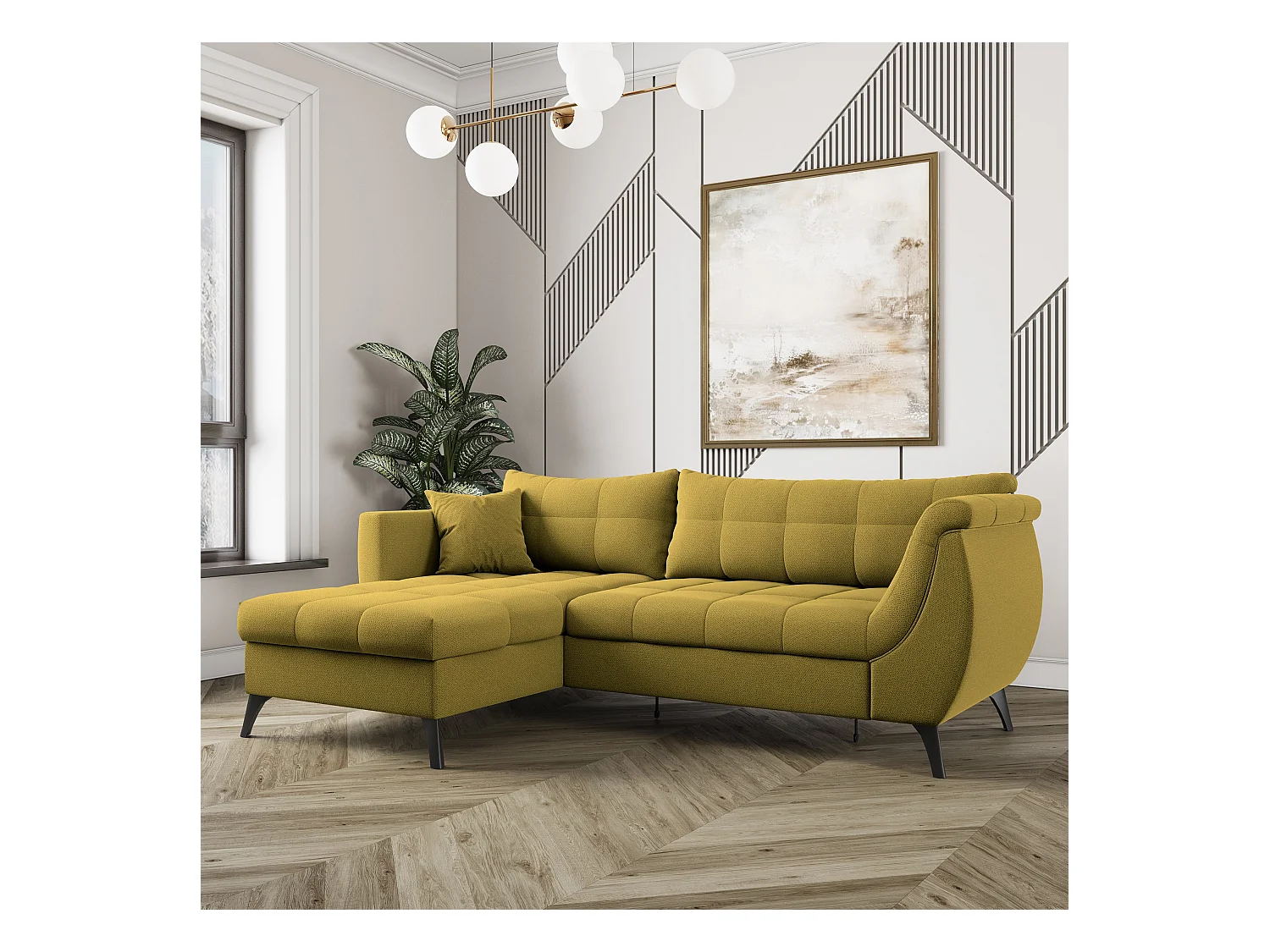 Canapé d'angle MOLLIS Jaune en tissu texturé avec fonction de couchage