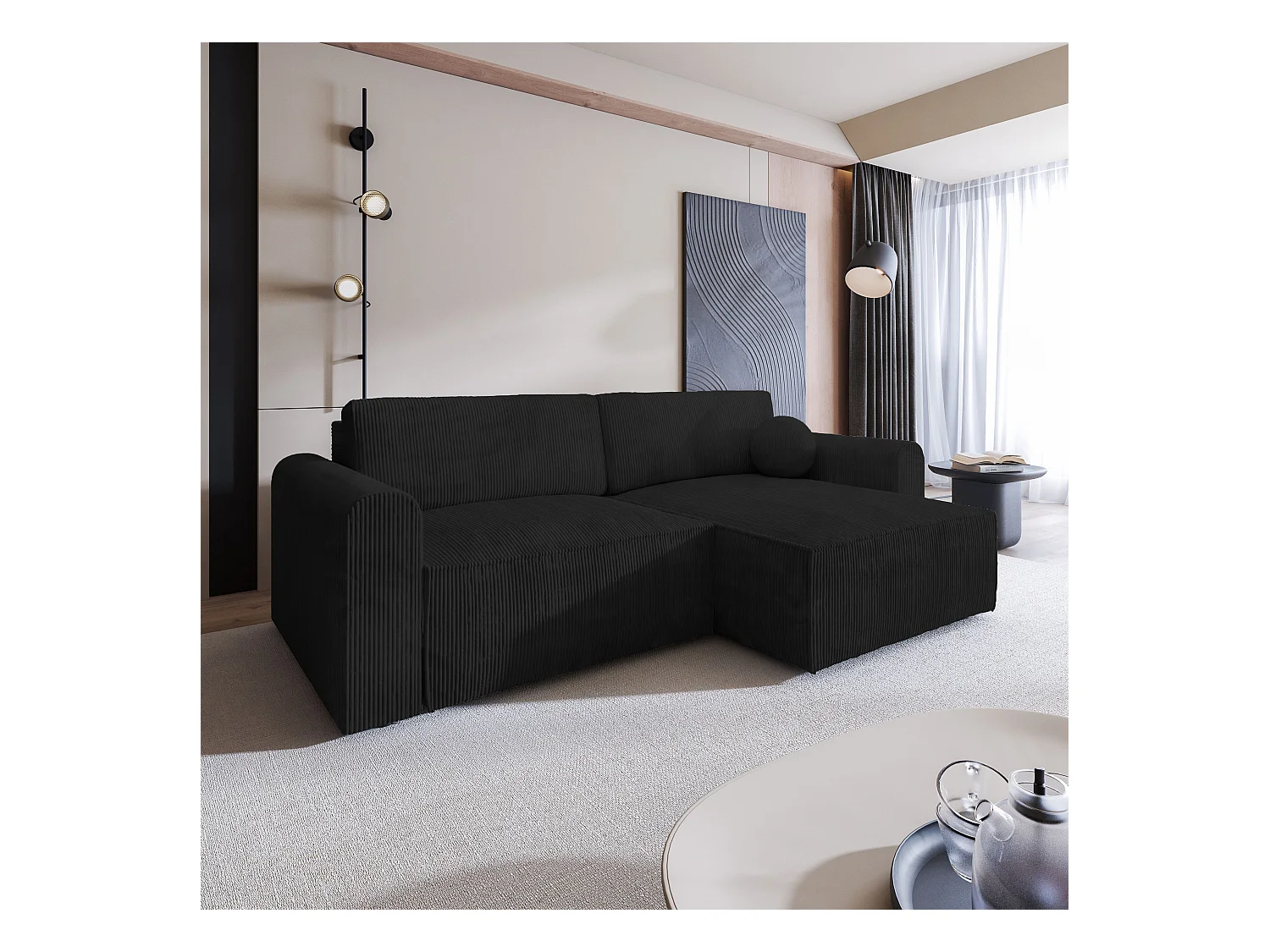 Canapé d'angle FIANO Noir en velours côtelé avec fonction de couchage