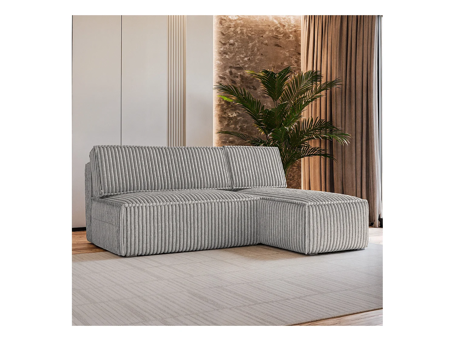 Canapé d'angle BRISO Gris clair en velours côtelé avec fonction de couchage