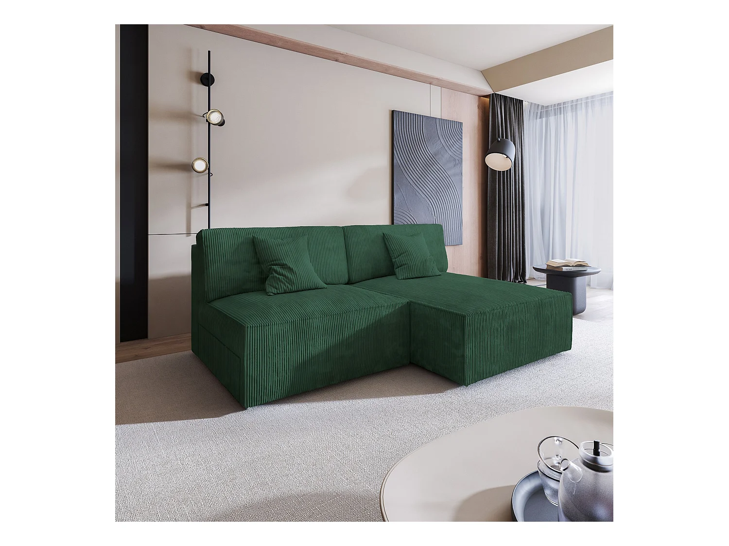 Canapé d'angle FIORO Vert Sapin en velours côtelé avec fonction de couchage