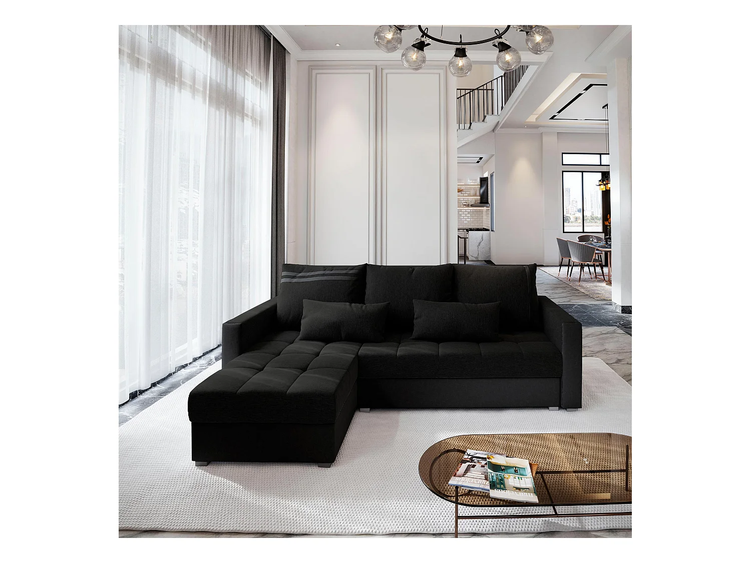 Canapé d'angle KOS PIK Noir en tissu texturé avec fonction de couchage