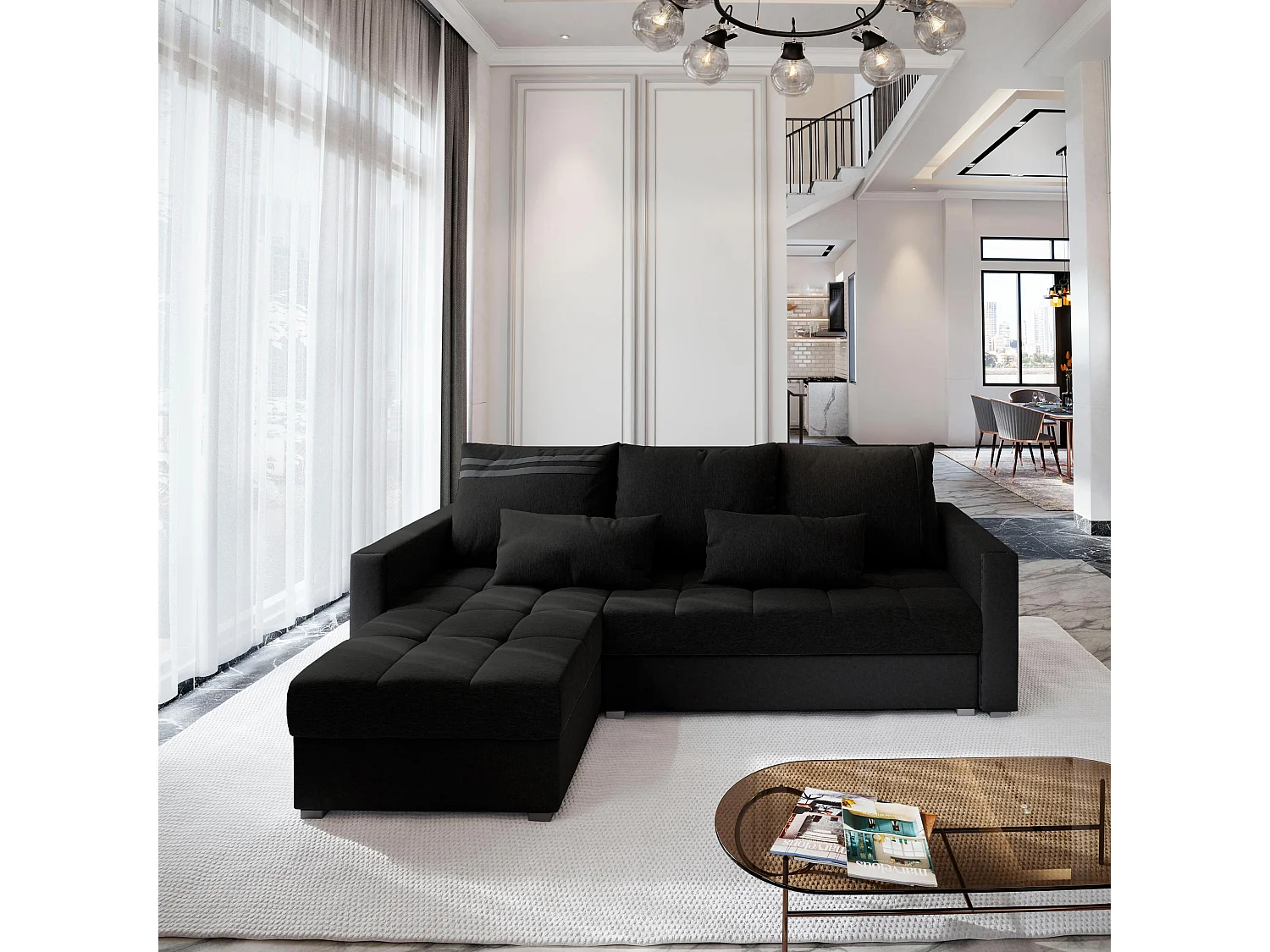 Canapé d'angle KOS PIK Noir en tissu texturé avec fonction de couchage