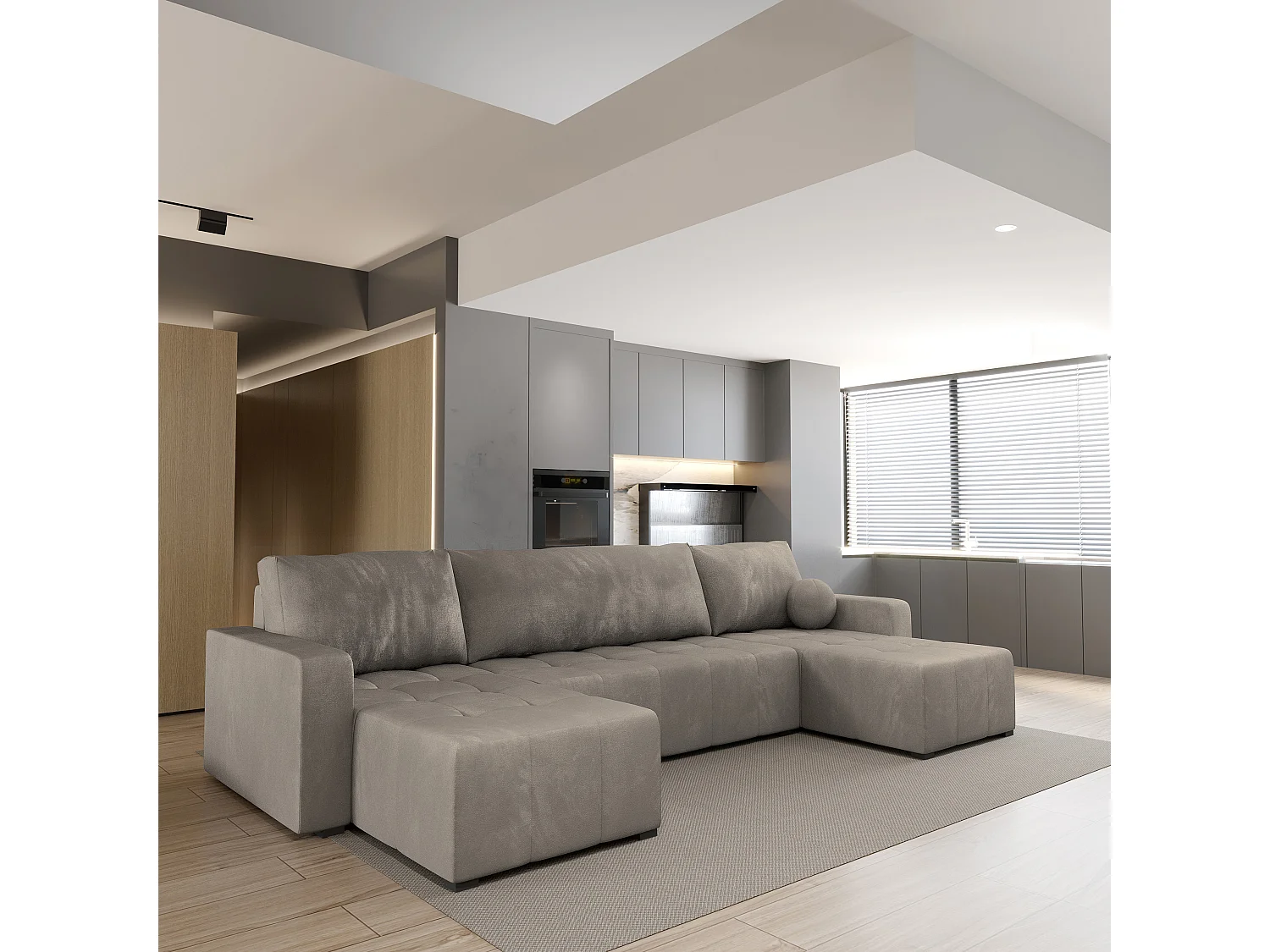 Canapé d'angle TOLARI Beige en peluche avec fonction de couchage