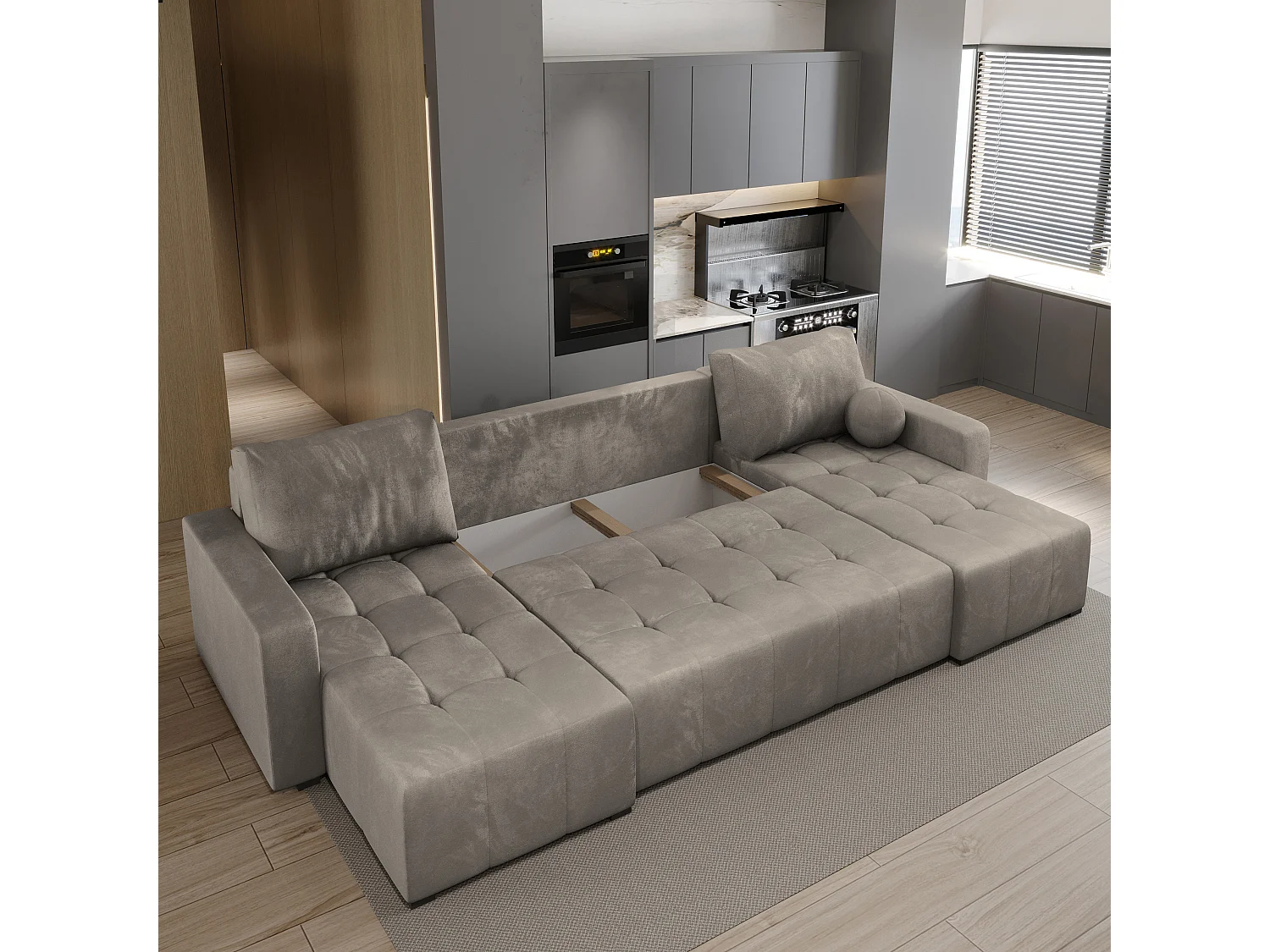 Canapé d'angle TOLARI Beige en peluche avec fonction de couchage