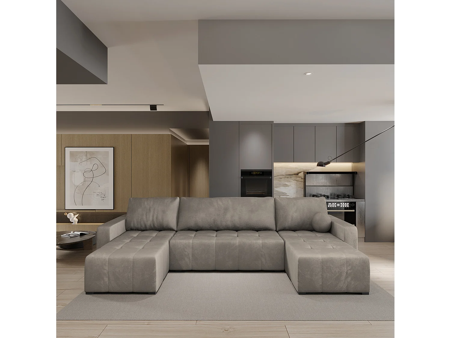 Canapé d'angle TOLARI Beige en peluche avec fonction de couchage