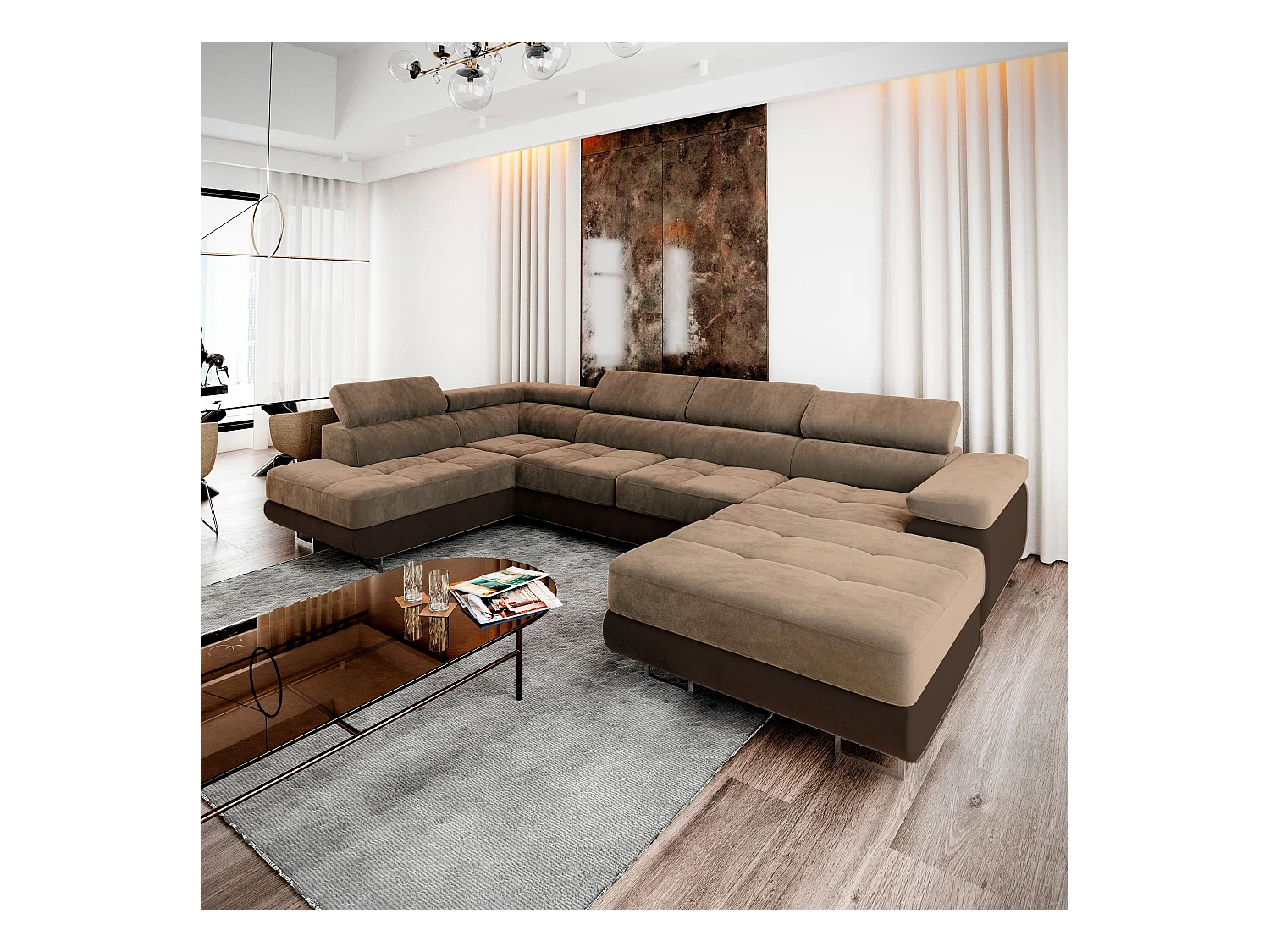 Canapé d'angle CASONE Beige en velours avec fonction de couchage