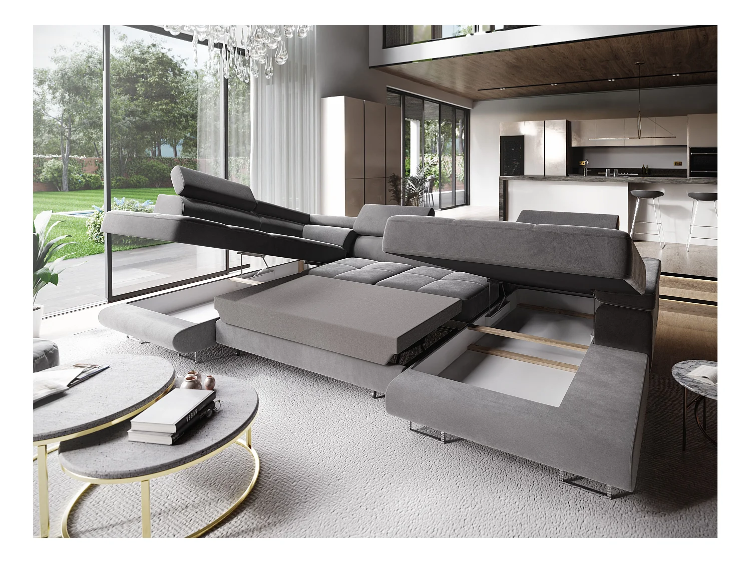 Canapé d'angle CASONE Beige en velours avec fonction de couchage