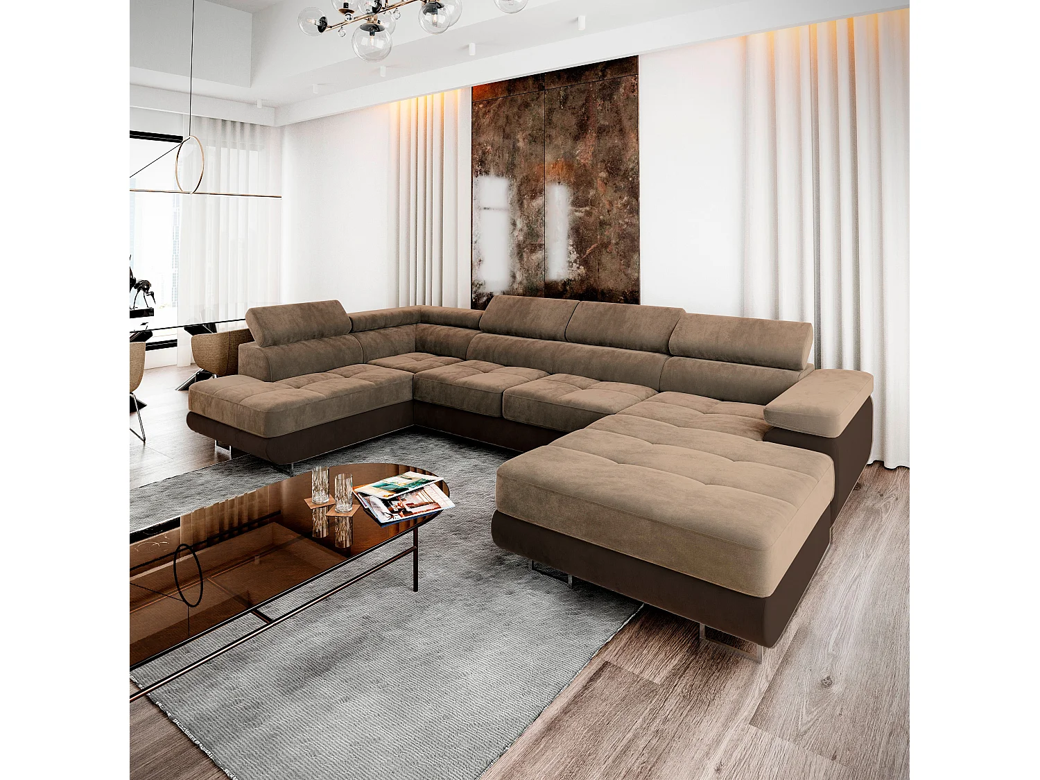 Hoekbank CASONE van fluweel met slaapfunctie Beige