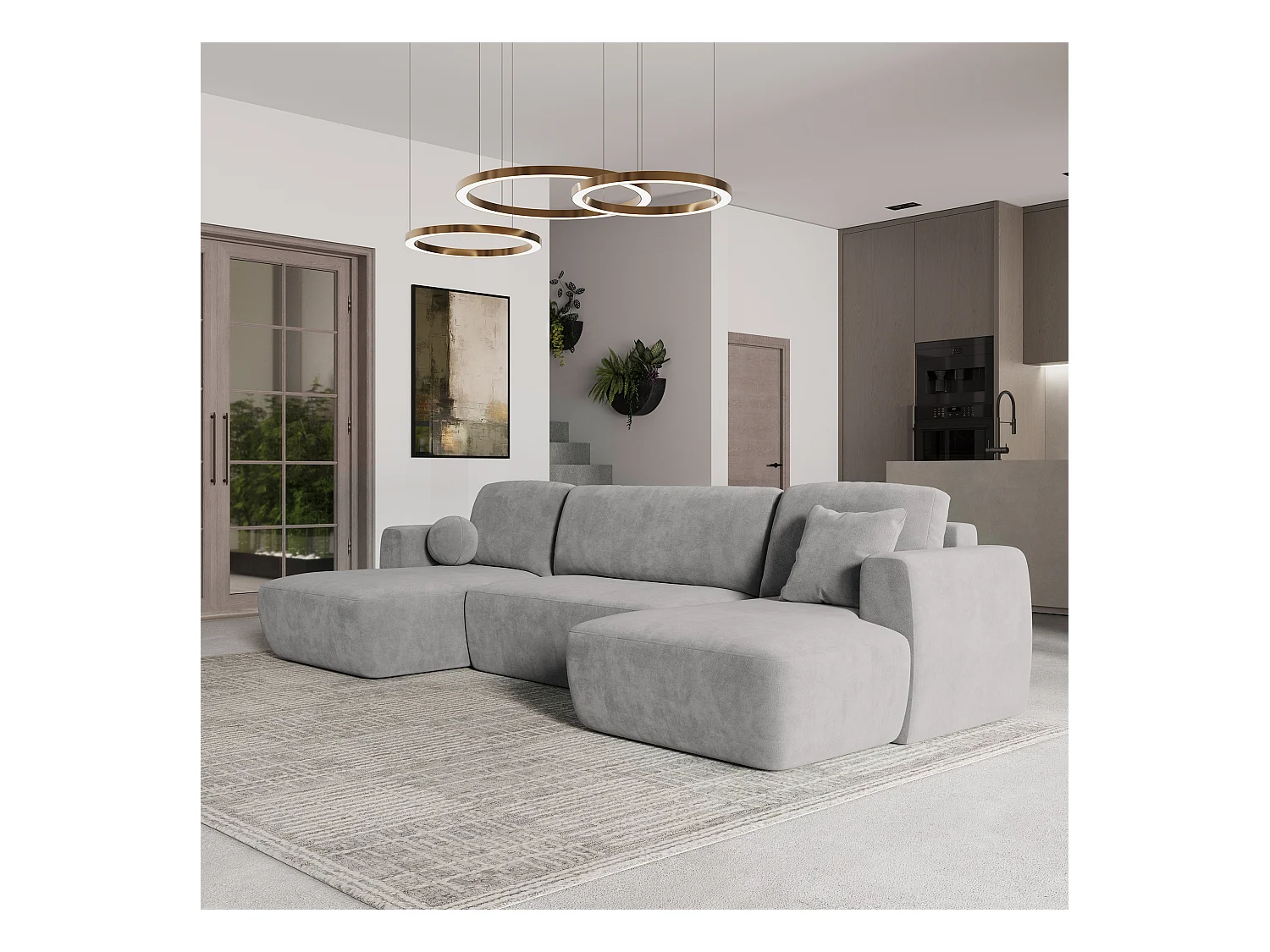 Canapé d'angle SENTUM Gris clair en peluche avec fonction de couchage